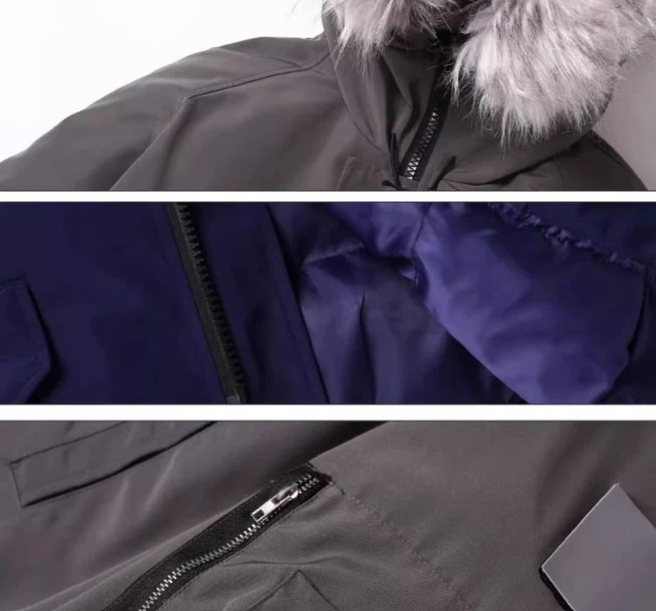 ダウンジャケットのディテール画像。ファー、裏地、ジッパー、袖ポケットの接写。