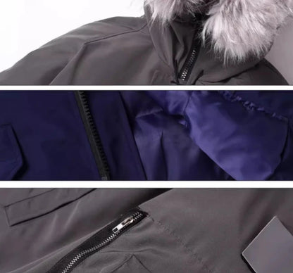 ダウンジャケットのディテール画像。ファー、裏地、ジッパー、袖ポケットの接写。