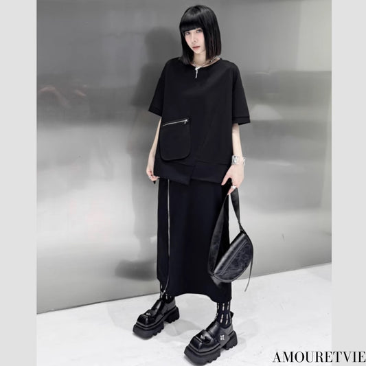 アシンメトリーセットアップ 上下セット 半袖シャツ ロングスカート ブラック ／TEA