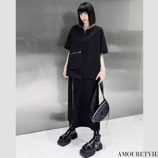 アシンメトリーセットアップ 上下セット 半袖シャツ ロングスカート ブラック ／レディース モレビー｜モード系ファッションブランド