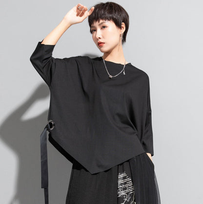 ヘムアシンメトリー七分袖Tシャツ/カットソー ホワイト ブラック ／TEA