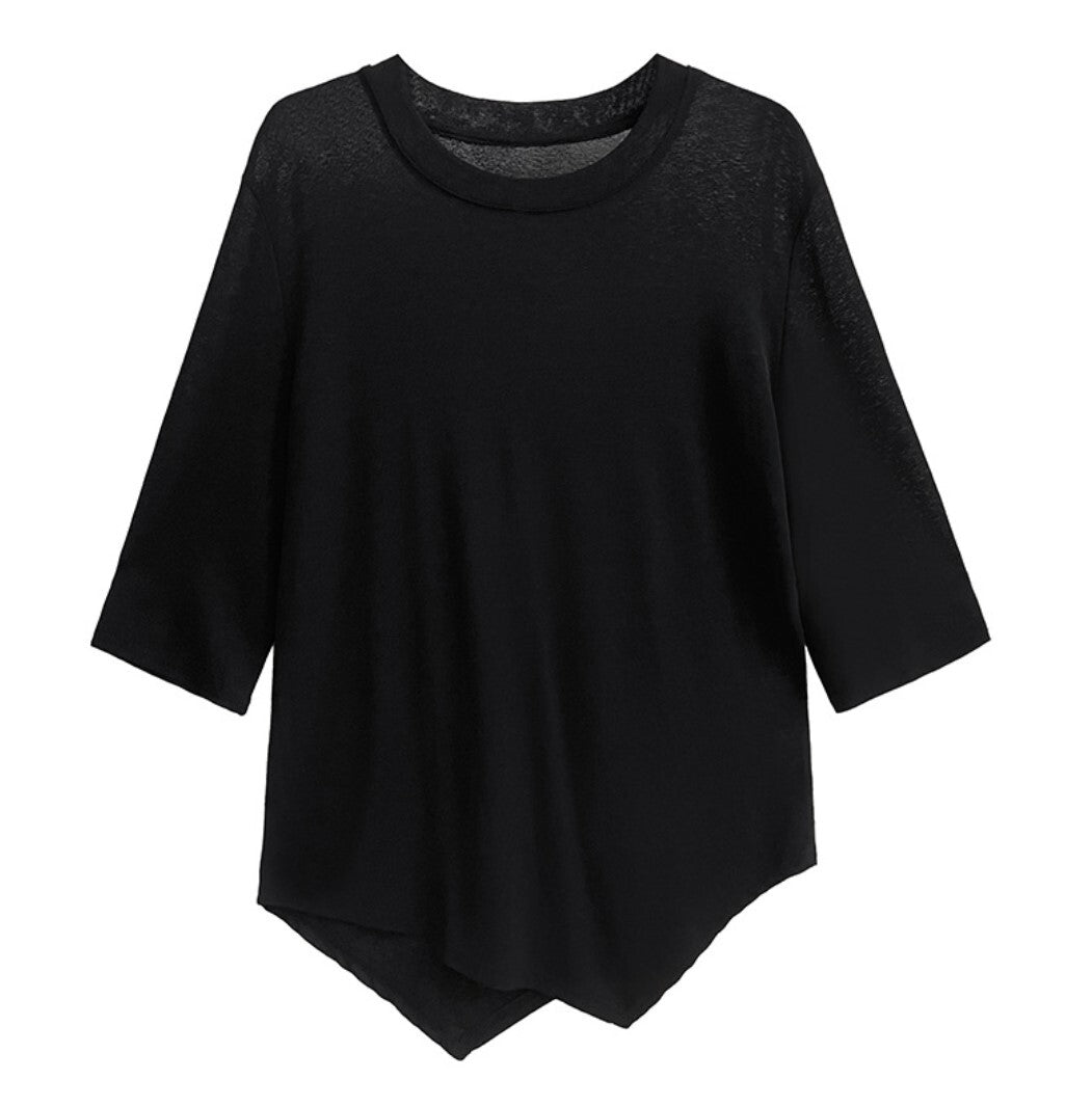 アシンメトリーメッシュ半袖Tシャツ シアーシャツ/カットソー 七分袖 ／TEA