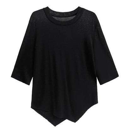 アシンメトリーメッシュ半袖Tシャツ シアーシャツ/カットソー 七分袖 ／TEA