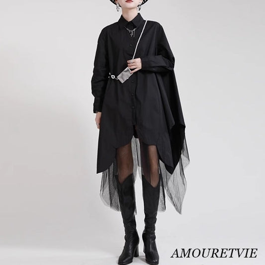 メッシュ仕様ミディ丈ワンピース ブラック ホワイト ／TEA