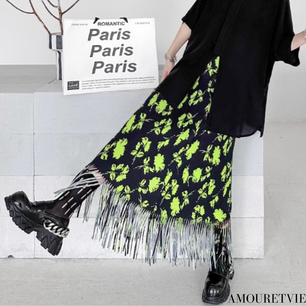 タッセルロングスカート グリーン フラワーフリンジ ／TEA