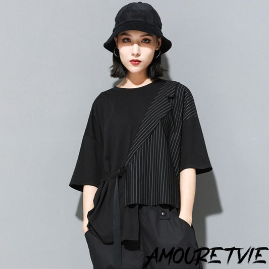 五分袖Tシャツ/カットソー ストライプ アシンメトリー ／ユニセックス モレビー