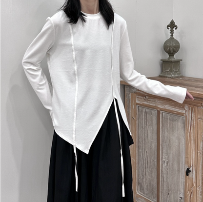 アシンメトリー長袖Tシャツ/カットソー ブラック ホワイト ／TEA