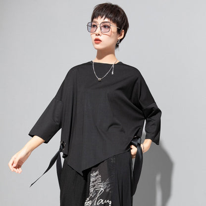 ヘムアシンメトリー七分袖Tシャツ/カットソー ホワイト ブラック ／TEA