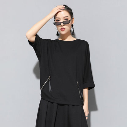 ファスナー付き七分袖Tシャツ/カットソー 黒 ブラック ／ユニセックス モレビー