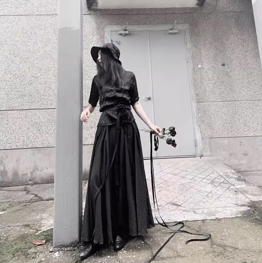 中性的 和風ブラックロングスカート ゴシック 透け感 透明感 ／TEA