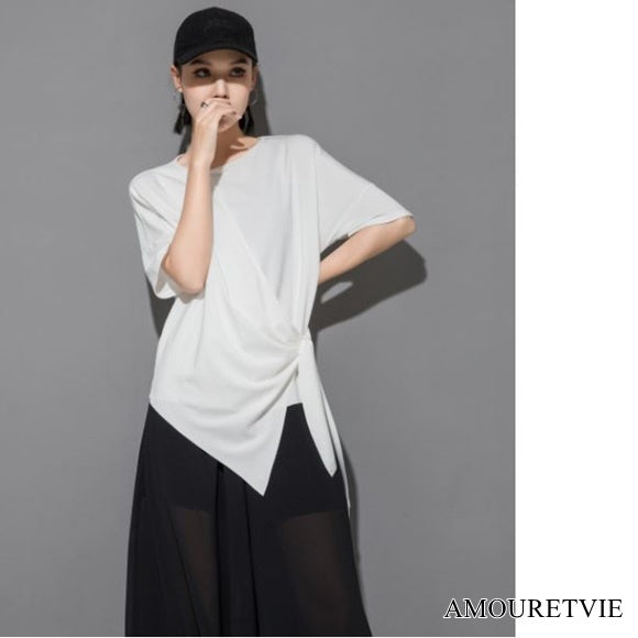 アシンメトリー半袖Tシャツ アシンメトリーカットソー ／ユニセックス モレビー