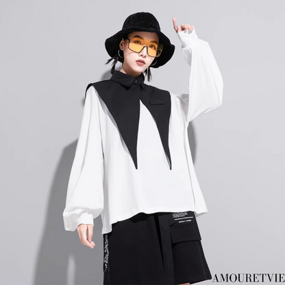 ロングTシャツ 長袖シャツ おしゃれ襟 セット モダン 白 ホワイト 黒 ブラック スタイリッシュ ／TEA