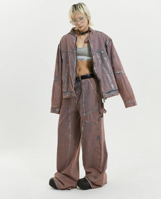 スタンドカラーのGジャンとルーズシルエットのカーゴデニムセットアップ。ヴィンテージ加工。