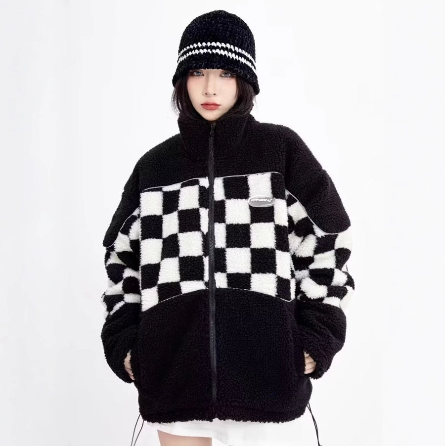 フリースブルゾン レディース｜チェック柄ジップアップ【TEA】