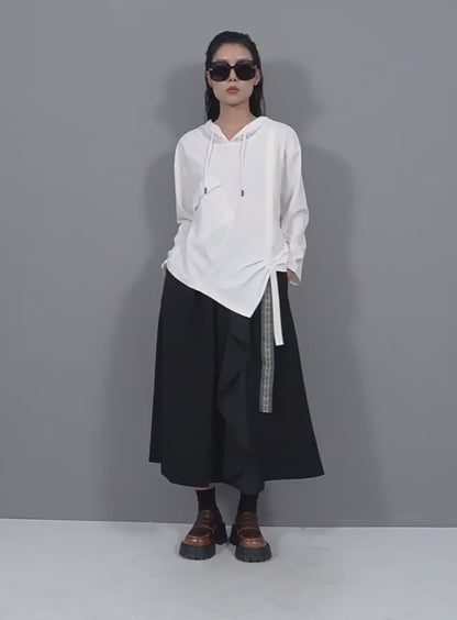 モダンアシンメトリー長袖Tシャツ/カットソー ブラック ホワイト ／TEA