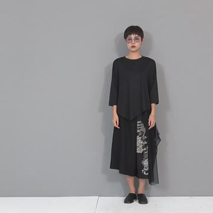 ヘムアシンメトリー七分袖Tシャツ/カットソー ホワイト ブラック ／TEA