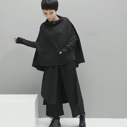 中性的 アシンメトリー袴パンツ フェイクレイヤード ブラック ９分丈 ／TEA