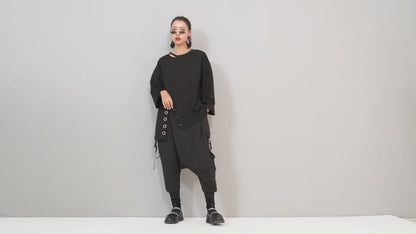 アシンメトリーリングデザインTシャツ/カットソー オーバーサイズ ／TEA