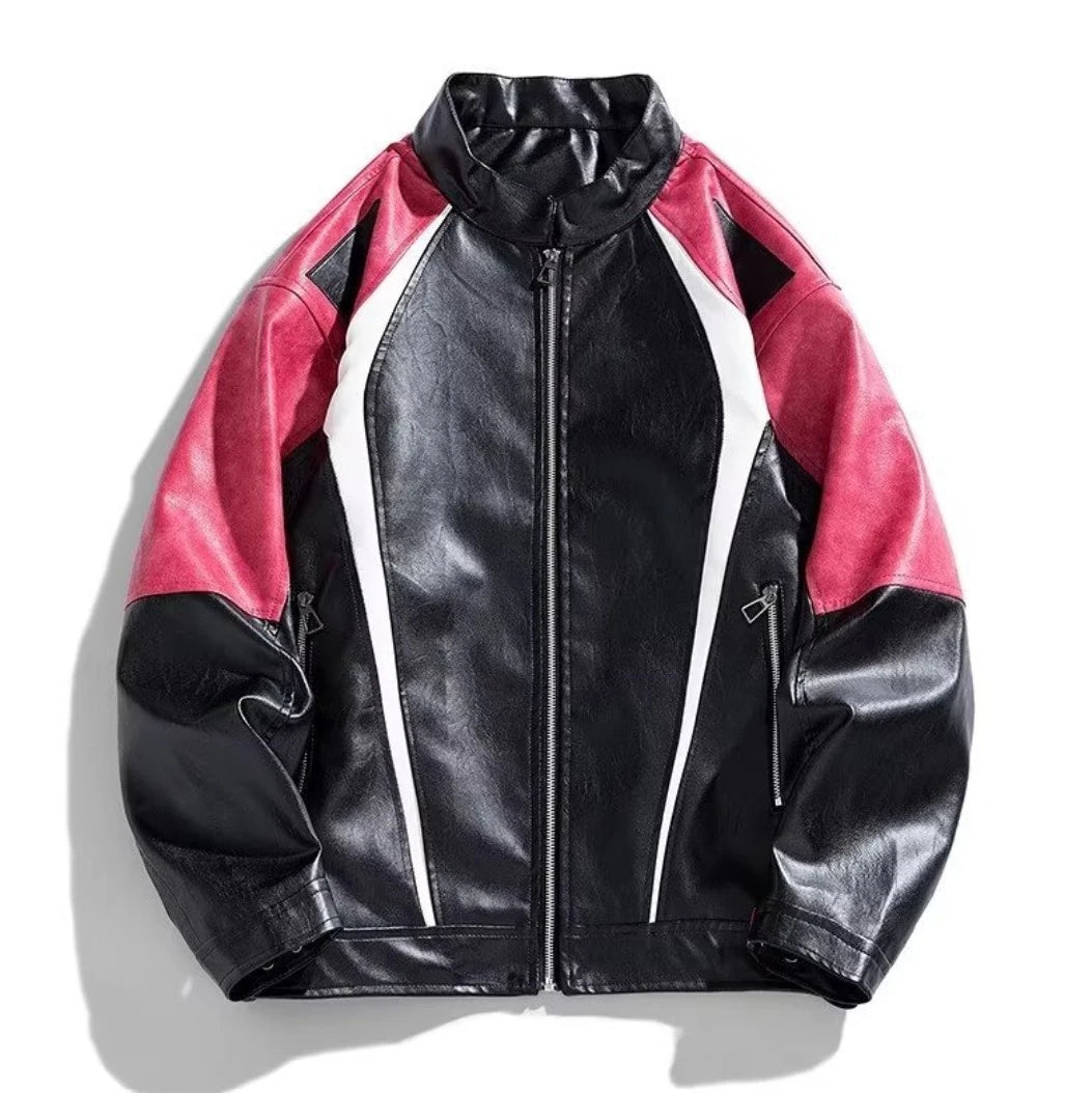 レッドとブラックの配色ライダースジャケットの商品写真（正面）。