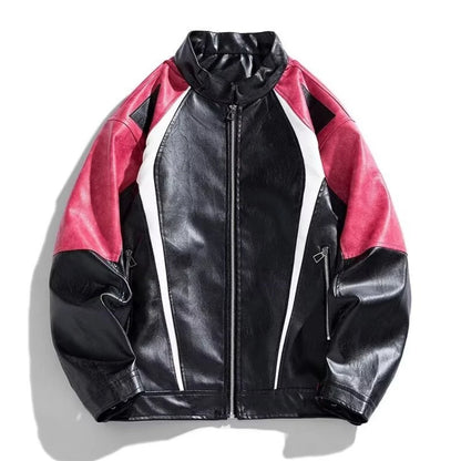 レッドとブラックの配色ライダースジャケットの商品写真（正面）。